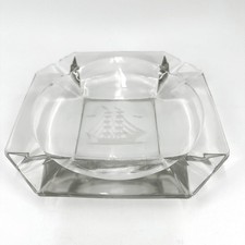 Vintage Clear Glass Octagon Dish Ashytray with Etched Sailing Ship - Mid-Century