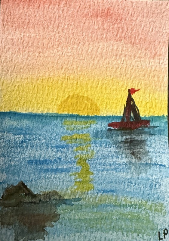ACEO Original Landscape multicolor watercolor by Lisa Post. “Sailboat & Rocks”