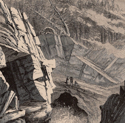 THUNDER CAVE   Dramatic Coastal Chasm with Explorers   1872 Antique Engraving
