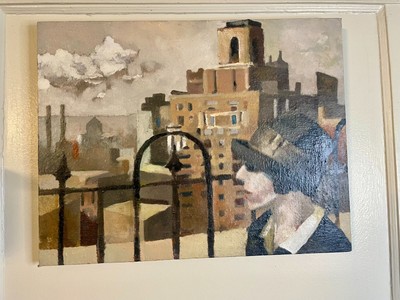 Original Oil Painting Art Deco Girl Industrial Background Signed in verso