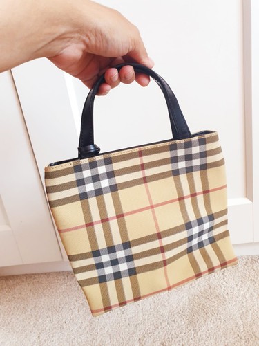 Burberry London Small Beige Canvas Tartan Leather Handbag - Picture 4 of 12