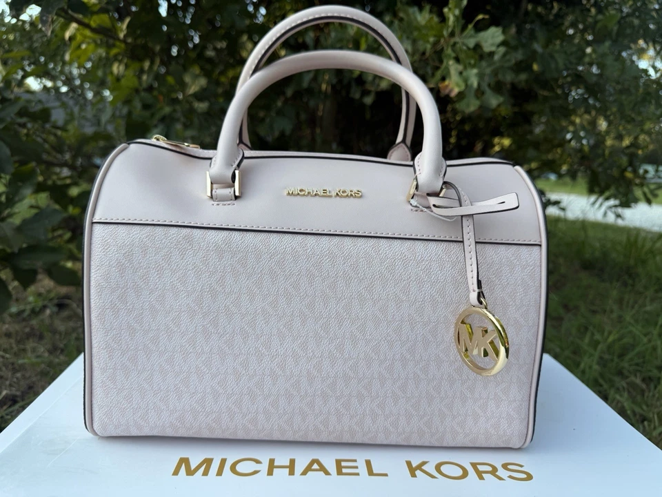 Bolso Michael Kors Jet Set Viaje Mediano Lona Polvo Ligero Rubor Multi Mk Logo Foto 2 de 4