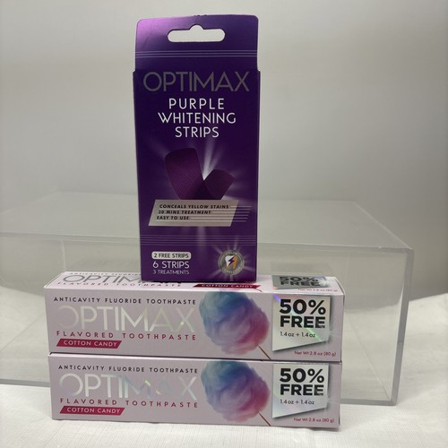 OPTIMAX DENTIFRICIO (2 X CARAMELLE DI COTONE) + STRISCE SBIANCANTI VIOLA (3 TRATTAMENTI) B86 - Foto 1 di 15
