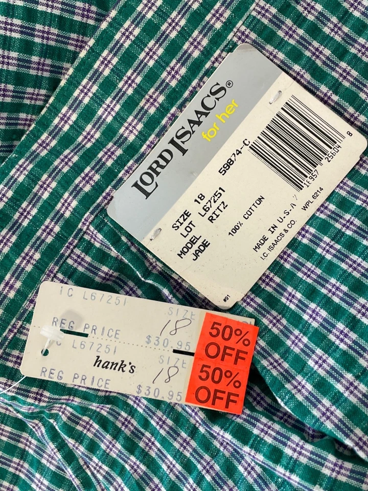 Vintage 90s Lord Isaacs Plaid High Rise Pants Size 18 Pleated Green Purple NEW - Image 3 of 4