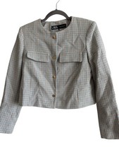 Zara Houndstooth Cropped Blazer Jacket XS Blend Blue Brown