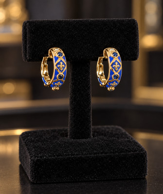 Ross-Simons Sapphire Blue Enamel Fleur-de-Lis Gold Plate Hoop Earrings 3/4 