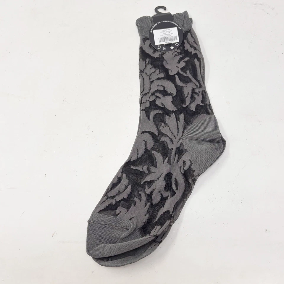 New OZONE Women’s Black Gray Sheer Mid Calf Socks FLORAL DAMASK GRAY Japan OS - Image 2 of 4