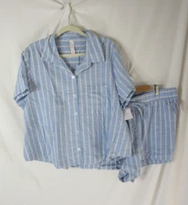 Auden Pajama Set Blue White Striped Shorts Button Down Short Sleeve Size XXL NWT