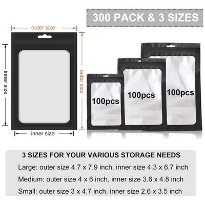 Resealable Mylar Bags - 300 Pack, 3 Sizes, Black, Airtight