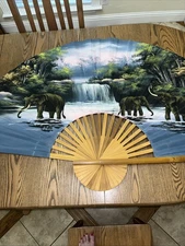 Thailand Hand painted Large Fan With Water Falls & Elephants