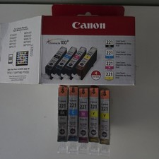 Genuine Canon 221 Black Cyan Magenta Yellow 4-Pk Ink Cartridges  1 Extra New