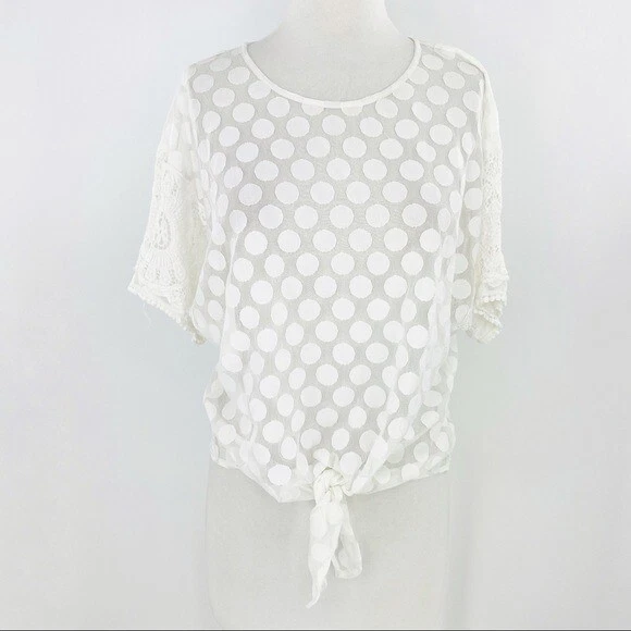 Alfani Petite Womens White Nylon Sheer Mesh Dot Tie-Waist Top Size PS Small - Image 2 of 4