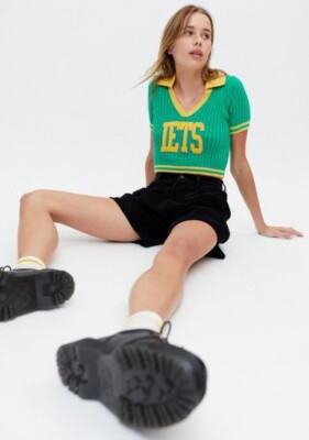 UO iets frans Ribbed Varsity Polo Sweater Medium Green Gold Urban Outfitters
