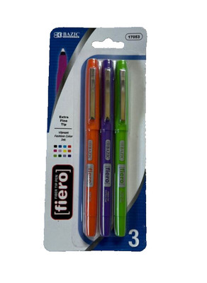BAZIC FIERO COLOR FIBER TIP EXTRA FINE PENS: ASSORTED COLORS (3-Pack) *NEW*