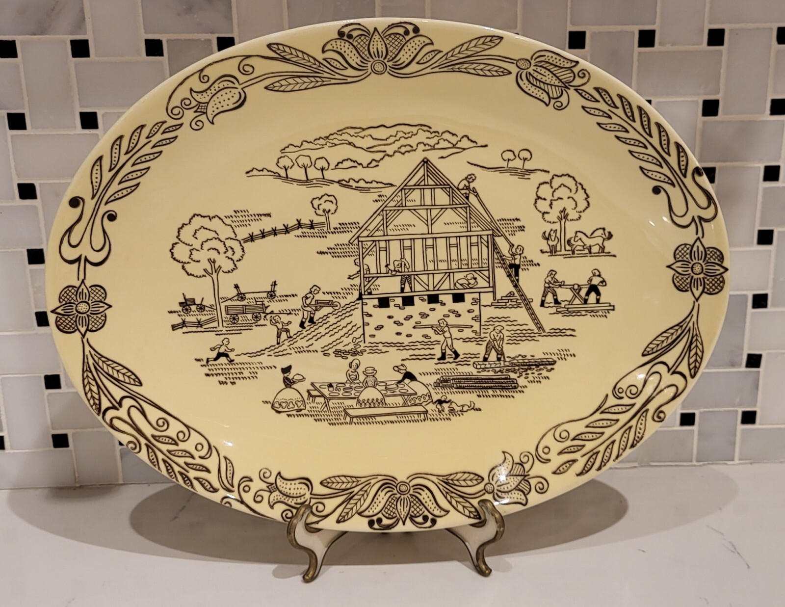 Bucks County Barn Raising Scene Vintage Platter Penn. Dutch Amish Royal 1950s