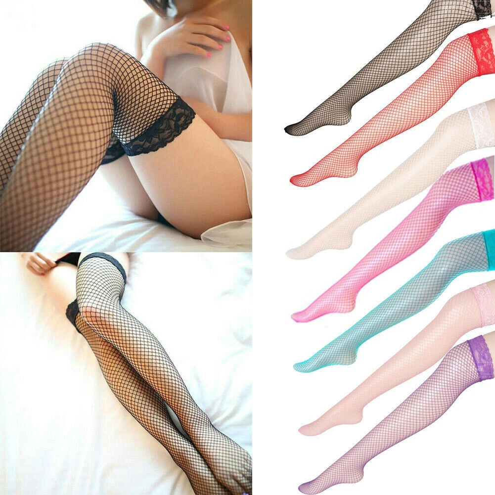 Elastic Knee High Black Red Thigh Socks Sheer Hollow LACE TOP FISHNET STOCKINGS