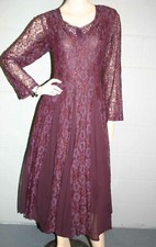 S Vtg 90s STARINA Midi Dress LACE LINED Rayon Purple Plum Flared Gored Skirt