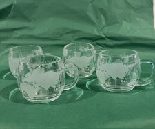 Set of 4 Vintage Nestle Nescafe World Map Globe Etched Glass Coffee Cup Mugs