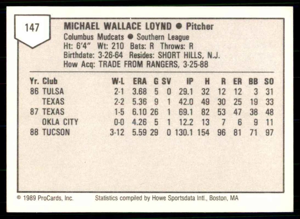 1989 ProCards Minor League Mike Loynd Columbus Mudcats #147 - Image 2 of 2