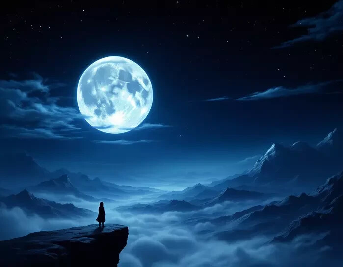 Lone Figure on Cliff Edge at Full Moon over Misty Mountains Poster