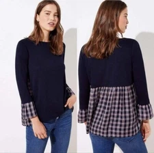 NWT LOFT Mixed Media Plaid Navy Bell Cuff Top Womens Size Small S