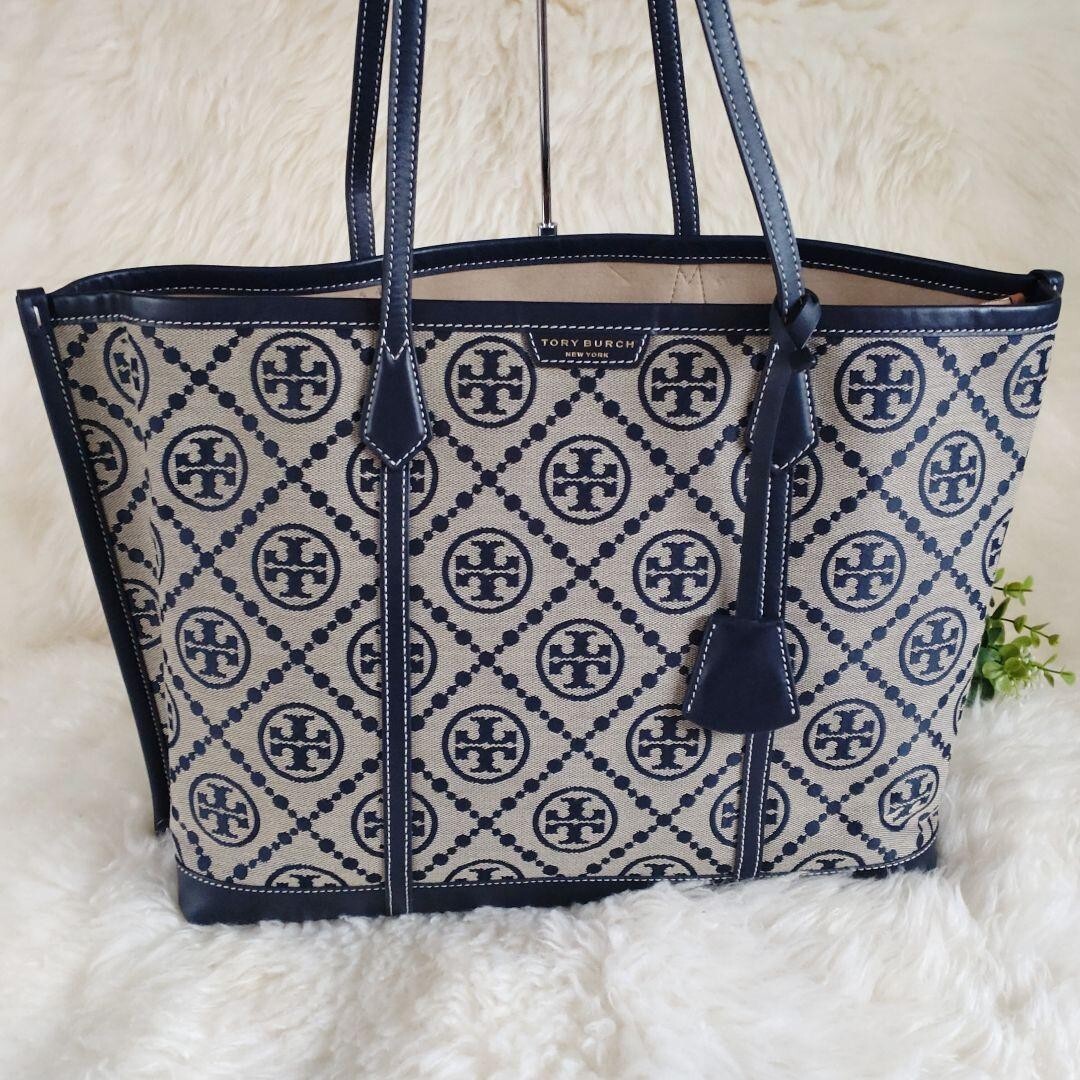Tory Burch Monogram Jacquard Tote Bag Hand Bag Navy Gray