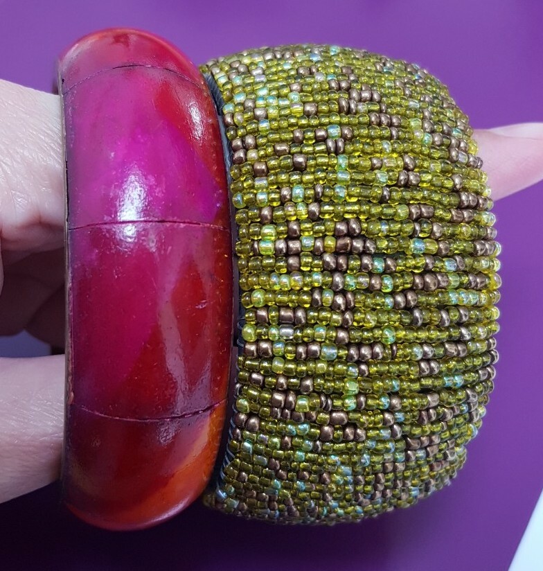 Bangles Stack Bundle Arm Brass multicoloured wood… - image 6