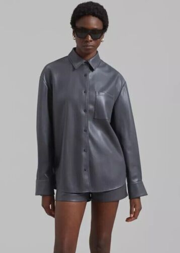Stylish Leather Grey Formal Handmade Oversized Soft Genuine Lambskin Women Shirt - Afbeelding 1 van 5