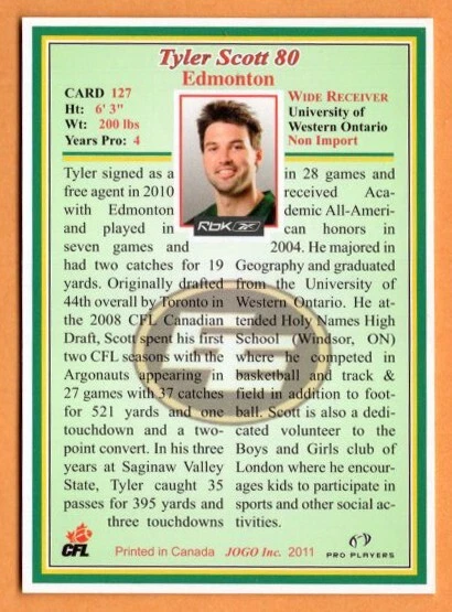 Tyler Scott 2011 Jogo CFL card #127 Edmonton Eskimos Elks  Western Mustangs - Image 2 of 2