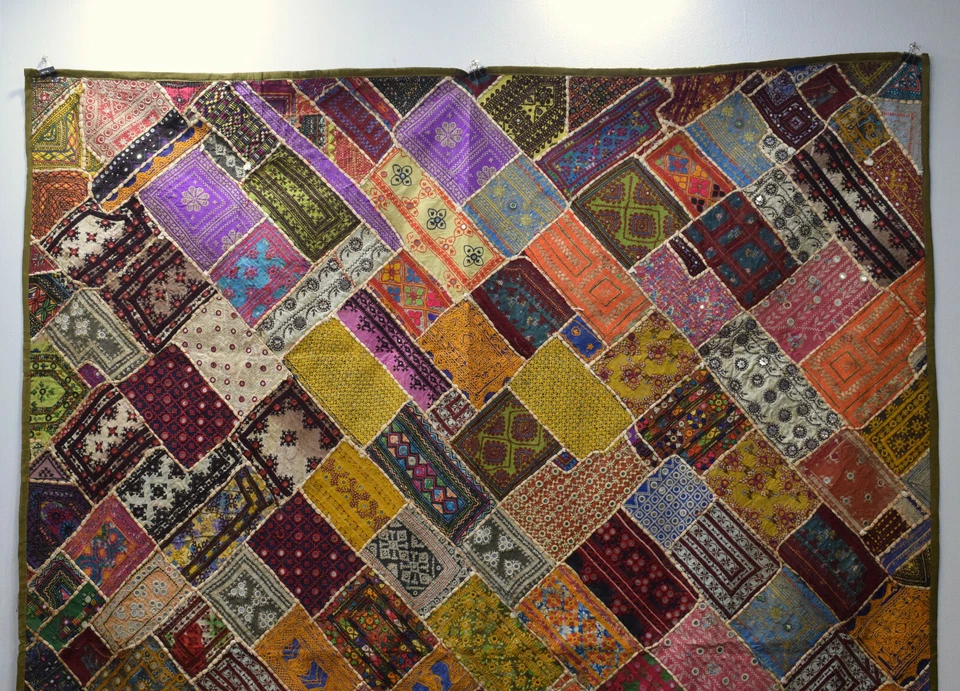 Embroidered Patchwork Throw Cover Wall Art Hand Emboridered Throw Cover - Image 3 of 4