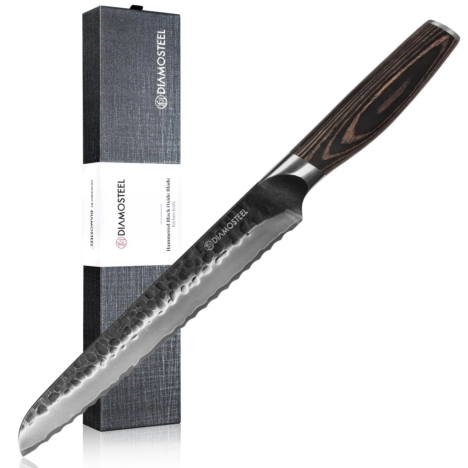 Bread - 8-Inch Serrated Bread - Hammered Black Oxide Blade Japanese 9CR18MOV ...