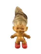 1960s Dam Troll Doll Amber Eyes All Original Gray Brown Hair Red Shoes