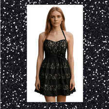 Cocktail Party Evening Black Lacey Layers Satin Strapless Sweetheart Mini Dress