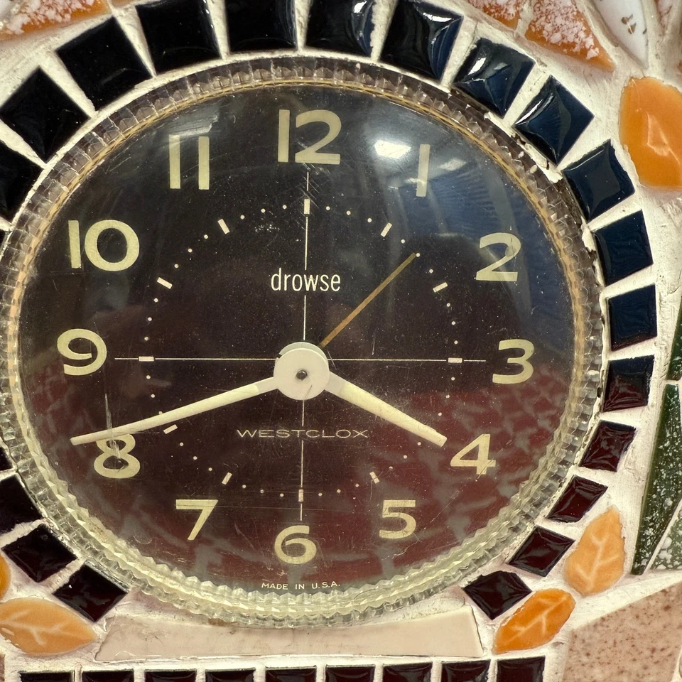 Vintage Westclox Drowse Mosaic Tile Mantel Clock Working Folk Art Mid Century - Image 3 of 4