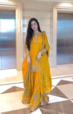 Indian Style Chinon Silk Yellow Top Palazzo With Dupatta For Women Festival Wear