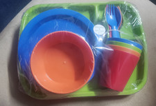 Kids Plastic Dinnerware 15 Pc Divided Tray Plates Bowls Cups Utensils BPA free