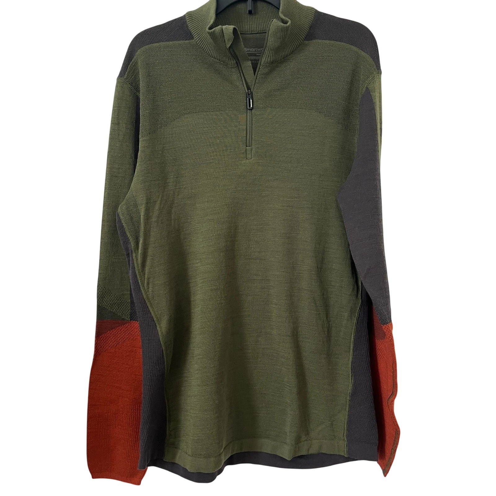 Smartwool Intraknit 200 Wool Blend 1/4 Zip Pullover Mens Medium Green Orange