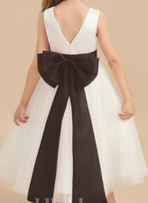 JJ's House A-line Scoop Tea-Length Tulle Satin Flower Girl Dress W/ Sash Bow - 4