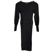 Ann Taylor Ribbed Knit Midi Dress Women XS Black Pearl Cuff Puff Sleeve