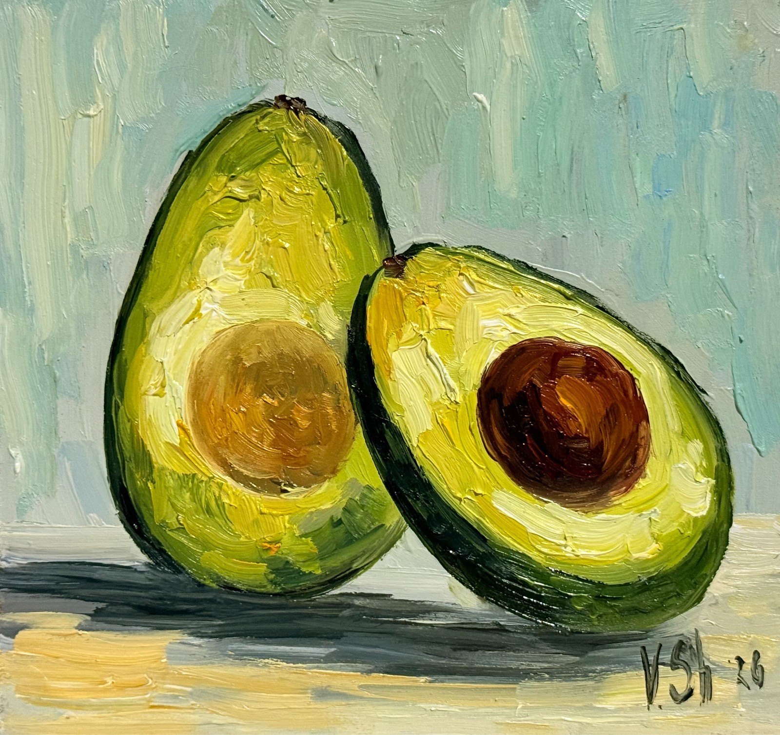 Avocado Original Oil Painting Still Life Kitchen  Art Signed Impasto 6x6.5 in