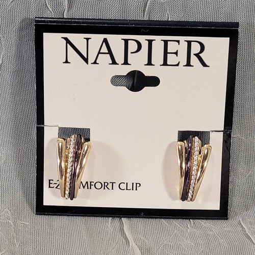 Napier Clip On Earrings Womens Gold Silver Two Tone E-Z Comfort Multi Strand NOS