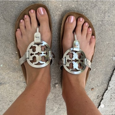 Tory Burch Miller Cloud Cork Sandal Mirror Metallic Silver Size 8