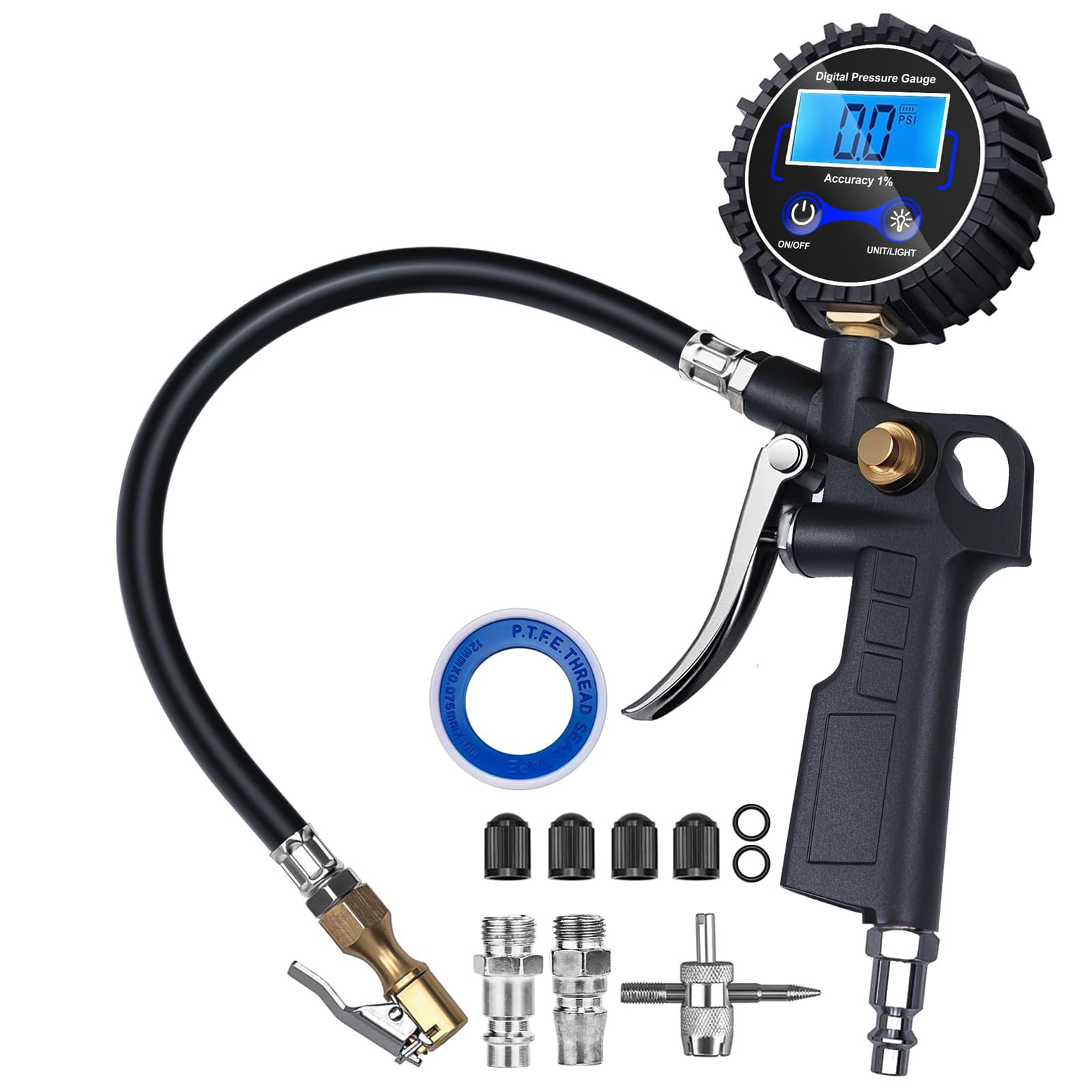 Digital Tyre Inflator with Pressure Gauge, 250 PSI Air Chuck and Compressor Acce