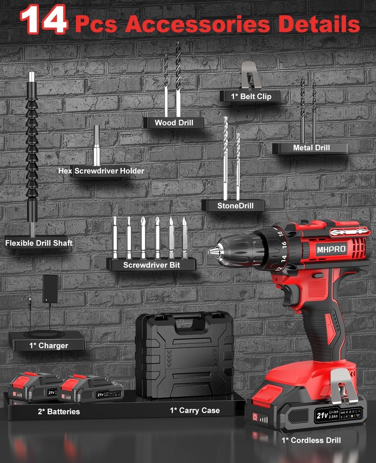 Trapano Avvitatore a Batteria 21 V, 42 Nm, con 2 Batterie da 2,0 Ah foto 6