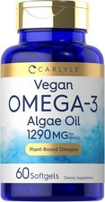 Omega 3 Vegan Algae Oil 1290 Mg DHA  EPA Heart Brain Eye Health, 60 Softgels