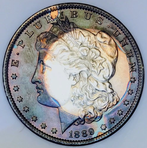 1889 P MORGAN EXCEPTIONAL BULLSEYE RAINBOW! INTENSE COLOR! GEM BU+++WOW NR#64489