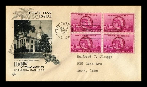 US COVER FLORIDA STATEHOOD CENTENNIAL FDC SCOTT 927 BLOCK OF 4 ARTCRAFT