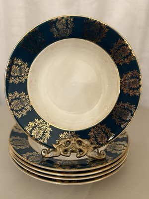 Vtg Palissy Pottery England 8'' Bowl Cobalt Blue Gold Filigree Royal Worcester