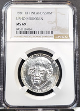 1981 FINLAND SILVER 50 MARKKAA URHO KEKKONEN NGC MS 69 EXTREMELY RARE TOP POP 1