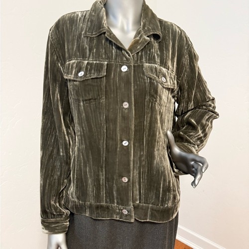 Chico's Olive Crushed Velvet Trucker Jacket